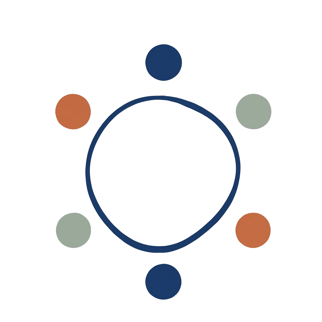 Illustration : un cercle bleu entouré de quatre points de couleur
